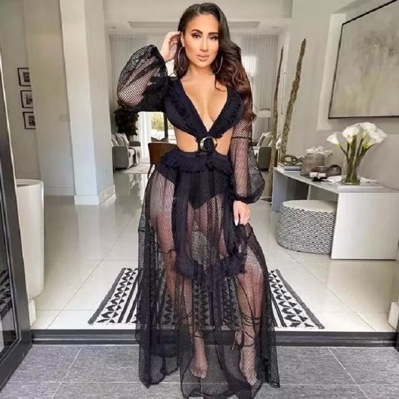 🌺 SHEER MAXI DRESS LONG SLEEVE RUFFLE LACE BLACK BACKLESS CHIC SEXY ELEGANT - Picture 8 of 8